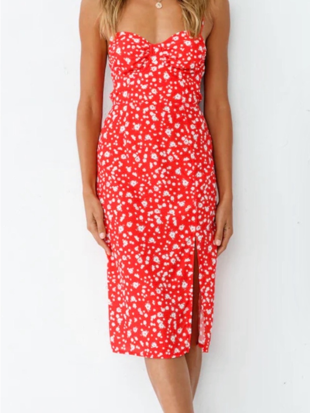Sweetheart Red Floral Midi Dress with Front Slit